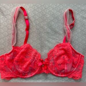 Victorias Secret Very Sexy Unlined Demi Rhinestone neon orange lace bra